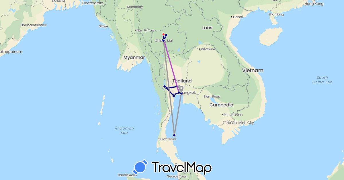 TravelMap itinerary: driving, plane, train, hiking in Thailand (Asia)